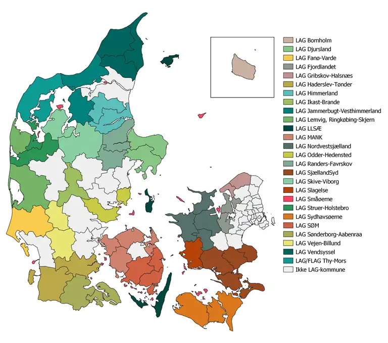 Danmarkskort markeret med LAG-områder